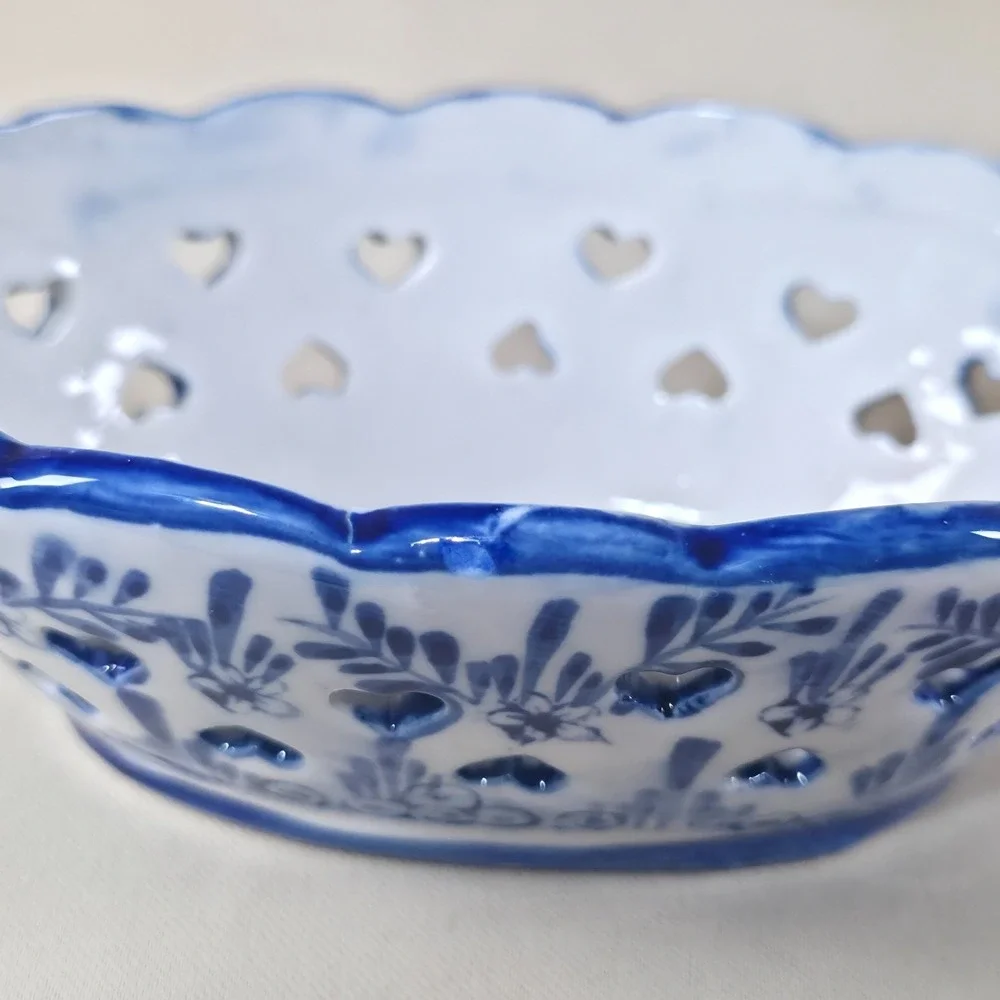 Vintage Delft Style Blue White Ceramic Basket Windmill Punched Hearts Hand Paint